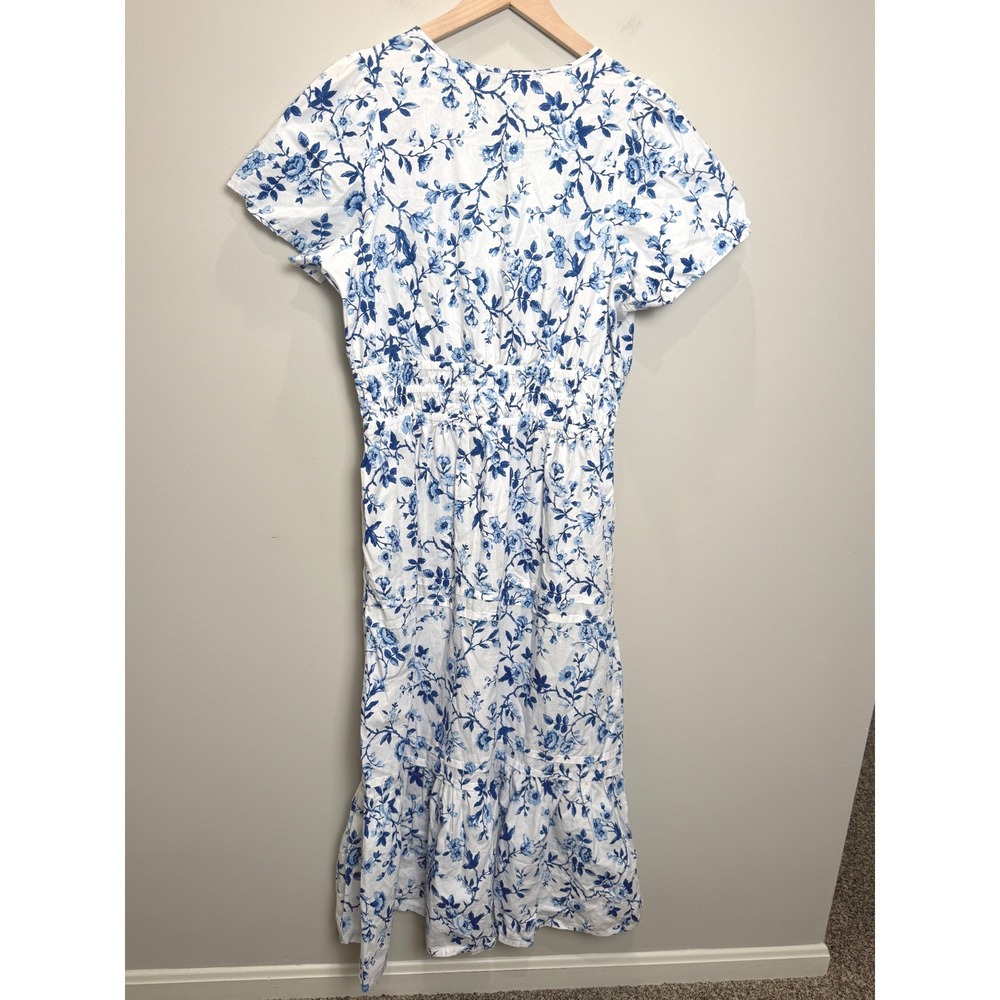 French Connection M Cotton Long Midi Dress Blue White Floral Coastal Cottage - Picture 2 of 10